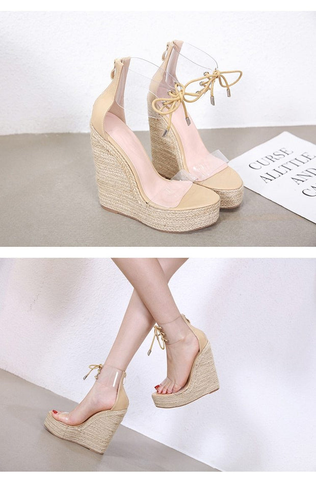 Lace Up Transparent Wedge Sandals - Ernadi