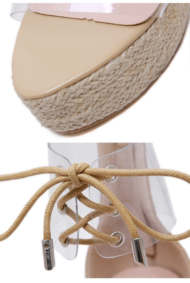 Lace Up Transparent Wedge Sandals - Ernadi
