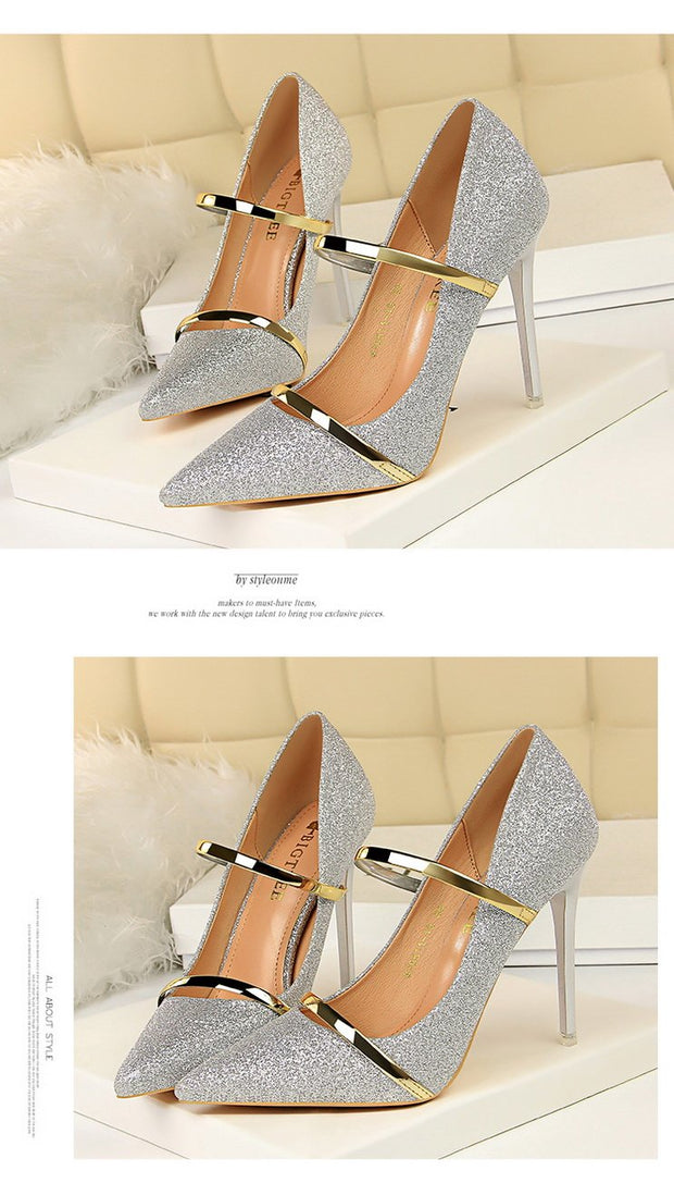 High heels pumps ladies shoes stiletto pointed toe bling - Ernadi