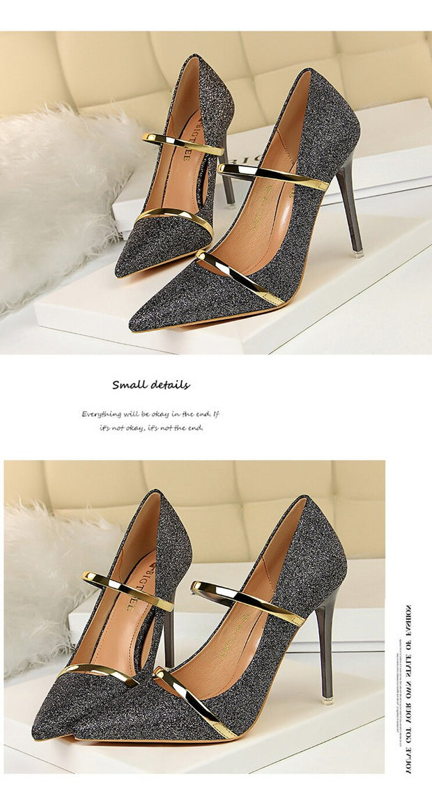 High heels pumps ladies shoes stiletto pointed toe bling - Ernadi