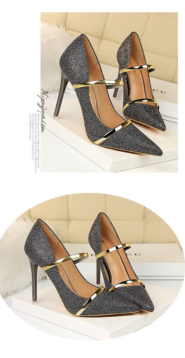 High heels pumps ladies shoes stiletto pointed toe bling - Ernadi