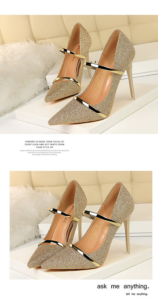 High heels pumps ladies shoes stiletto pointed toe bling - Ernadi