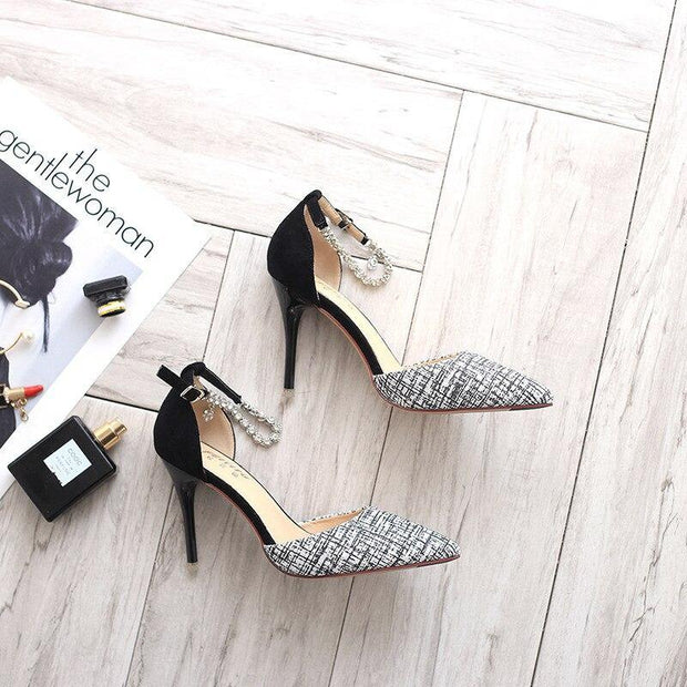 Summer Women Shoes Pointed Toe Pumps Cotton Fabric 9CM Thin High Heels Dress Casual Basic Wedding Shoes Black gold - Ernadi
