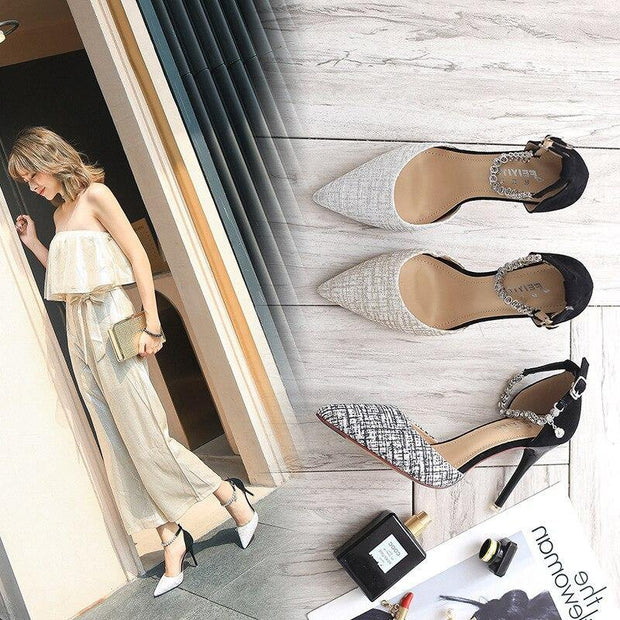 Summer Women Shoes Pointed Toe Pumps Cotton Fabric 9CM Thin High Heels Dress Casual Basic Wedding Shoes Black gold - Ernadi