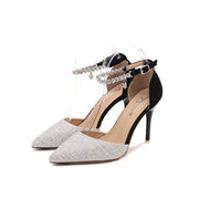 Summer Women Shoes Pointed Toe Pumps Cotton Fabric 9CM Thin High Heels Dress Casual Basic Wedding Shoes Black gold - Ernadi