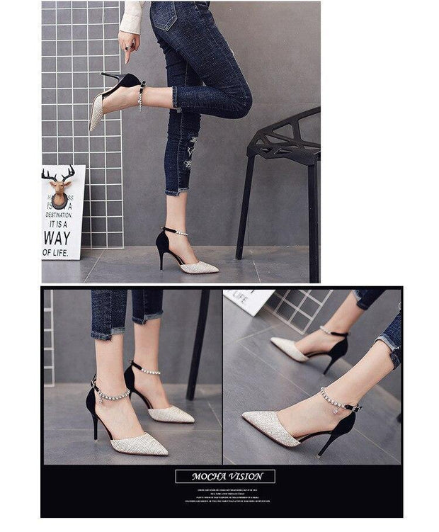 Summer Women Shoes Pointed Toe Pumps Cotton Fabric 9CM Thin High Heels Dress Casual Basic Wedding Shoes Black gold - Ernadi