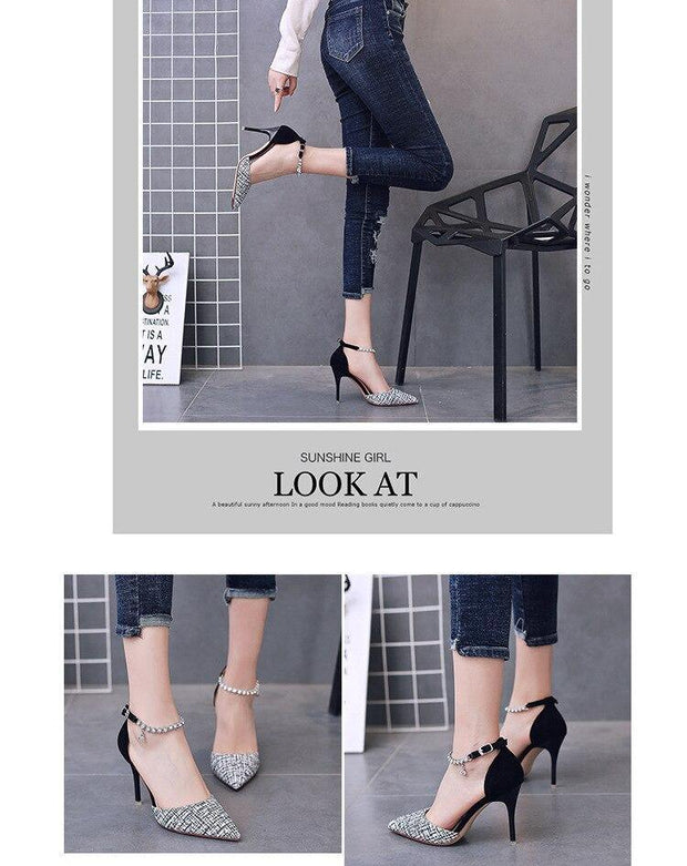 Summer Women Shoes Pointed Toe Pumps Cotton Fabric 9CM Thin High Heels Dress Casual Basic Wedding Shoes Black gold - Ernadi