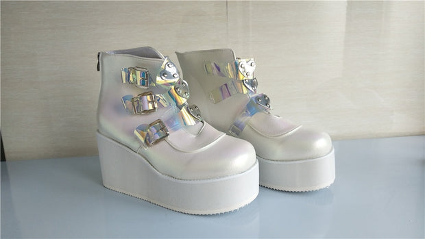 Metal Buckle Ankle Boots Girls High Platform Boots Wedges High Heels Shoes Woman