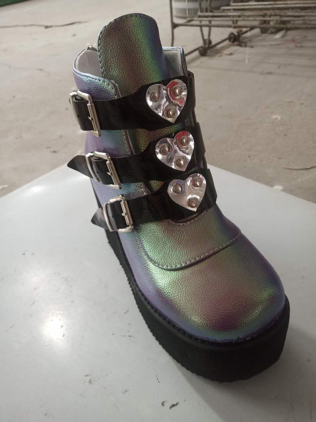 Metal Buckle Ankle Boots Girls High Platform Boots Wedges High Heels Shoes Woman
