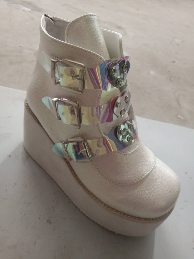 Metal Buckle Ankle Boots Girls High Platform Boots Wedges High Heels Shoes Woman