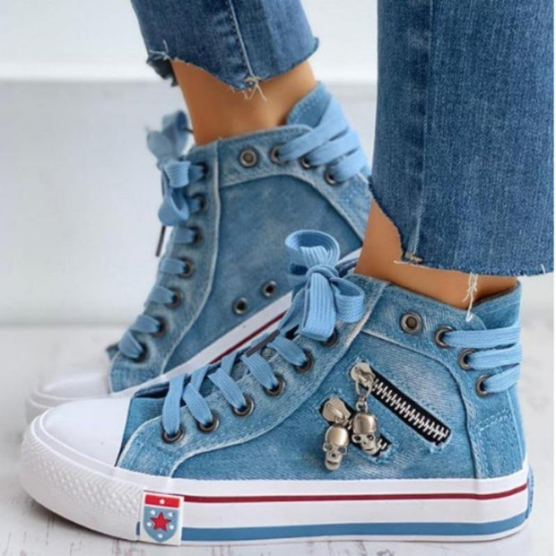 Shoes Women Canvas Chic High Top Denim Leisure Footwear Womens All-match Flat Zipper Walk In Ladies Breathable flat shoes - Ernadi