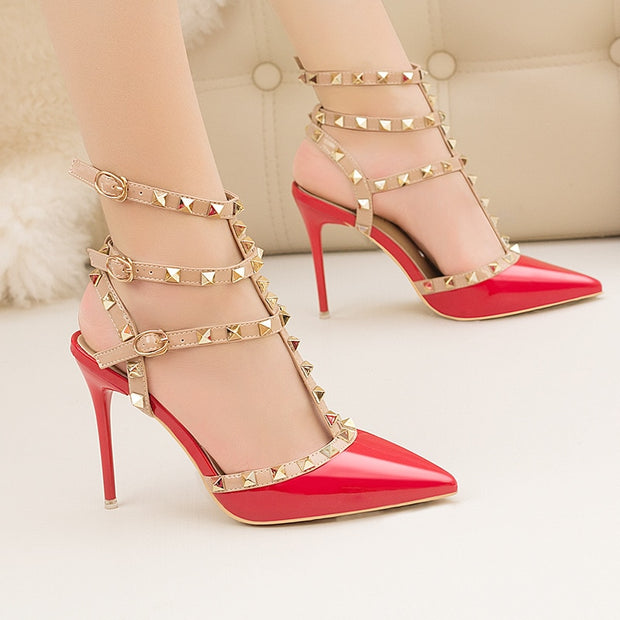Roman fashion rivet sandals 10CM PUMPS Woman shoes Sexy nightclub stiletto heels patent-leather metallic rivet hollow
