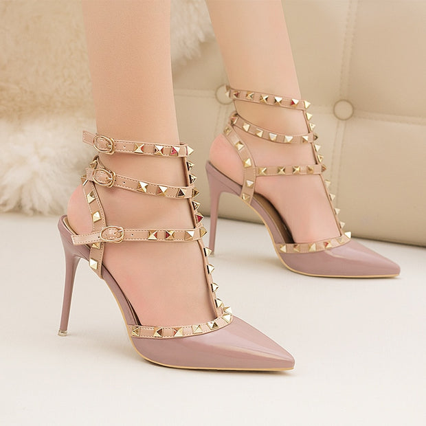 Roman fashion rivet sandals 10CM PUMPS Woman shoes Sexy nightclub stiletto heels patent-leather metallic rivet hollow