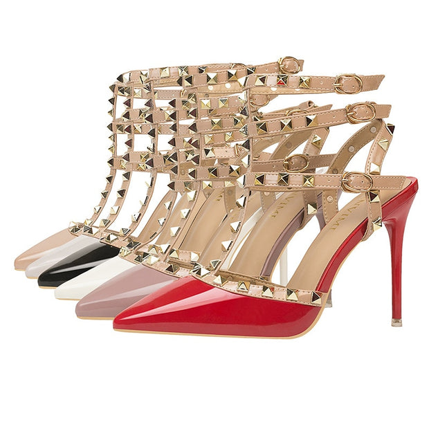 Roman fashion rivet sandals 10CM PUMPS Woman shoes Sexy nightclub stiletto heels patent-leather metallic rivet hollow