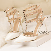 Roman fashion rivet sandals 10CM PUMPS Woman shoes Sexy nightclub stiletto heels patent-leather metallic rivet hollow
