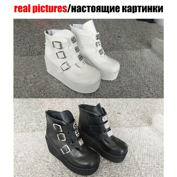 Metal Buckle Ankle Boots Girls High Platform Boots Wedges High Heels Shoes Woman
