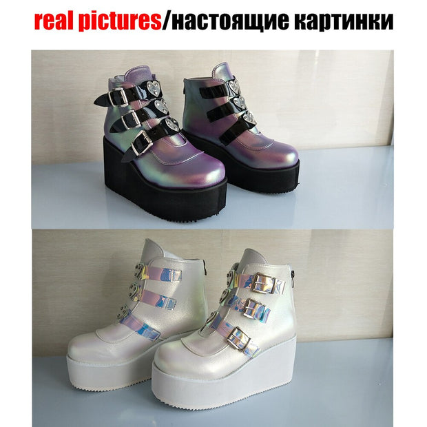 Metal Buckle Ankle Boots Girls High Platform Boots Wedges High Heels Shoes Woman