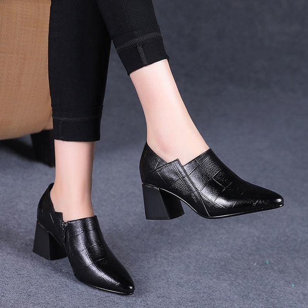 Pointed toe Mid Heels Women Autumn Single Shoes Woman Soft PU leather Shoe Square Heel Female Korea Style Side Zip Black - Ernadi