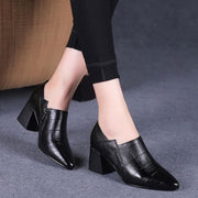 Pointed toe Mid Heels Women Autumn Single Shoes Woman Soft PU leather Shoe Square Heel Female Korea Style Side Zip Black - Ernadi