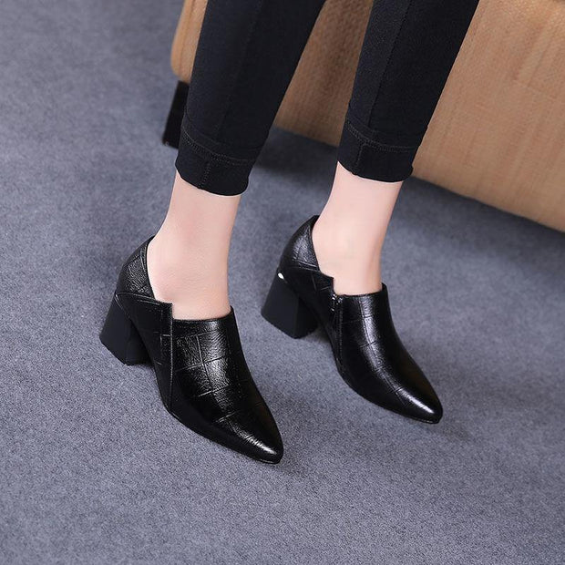 Pointed toe Mid Heels Women Autumn Single Shoes Woman Soft PU leather Shoe Square Heel Female Korea Style Side Zip Black - Ernadi