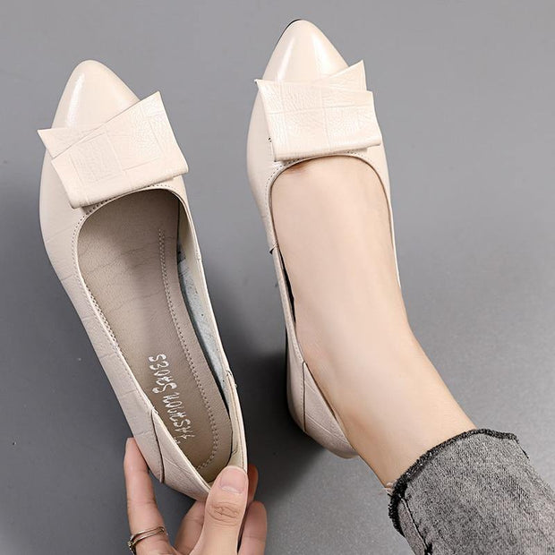 Thick Heel Ladies Pumps Genuine Leather Pointed Toe Square Heels Handmade Shoes Women - Ernadi