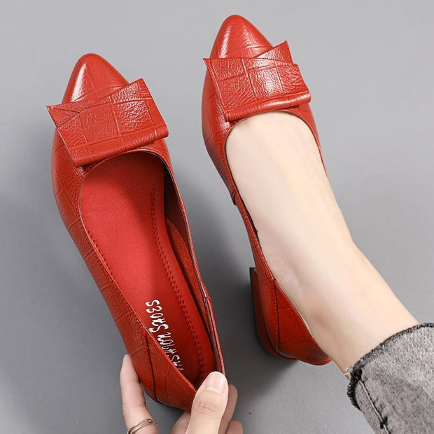 Thick Heel Ladies Pumps Genuine Leather Pointed Toe Square Heels Handmade Shoes Women - Ernadi