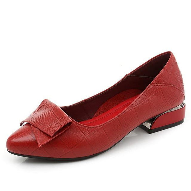 Thick Heel Ladies Pumps Genuine Leather Pointed Toe Square Heels Handmade Shoes Women - Ernadi
