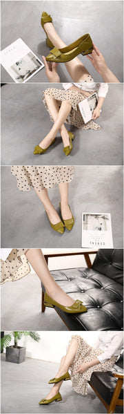 Thick Heel Ladies Pumps Genuine Leather Pointed Toe Square Heels Handmade Shoes Women - Ernadi