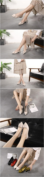 Thick Heel Ladies Pumps Genuine Leather Pointed Toe Square Heels Handmade Shoes Women - Ernadi