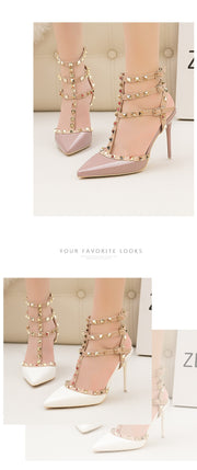 Roman fashion rivet sandals 10CM PUMPS Woman shoes Sexy nightclub stiletto heels patent-leather metallic rivet hollow