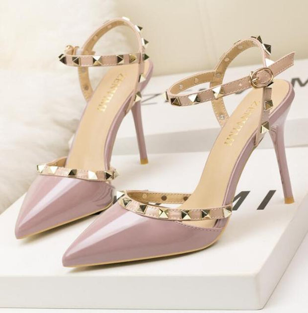 Roman fashion rivet sandals 10CM PUMPS Woman shoes Sexy nightclub stiletto heels patent-leather metallic rivet hollow