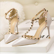 Roman fashion rivet sandals 10CM PUMPS Woman shoes Sexy nightclub stiletto heels patent-leather metallic rivet hollow