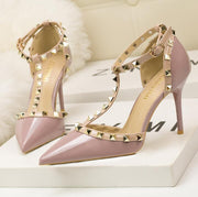 Roman fashion rivet sandals 10CM PUMPS Woman shoes Sexy nightclub stiletto heels patent-leather metallic rivet hollow