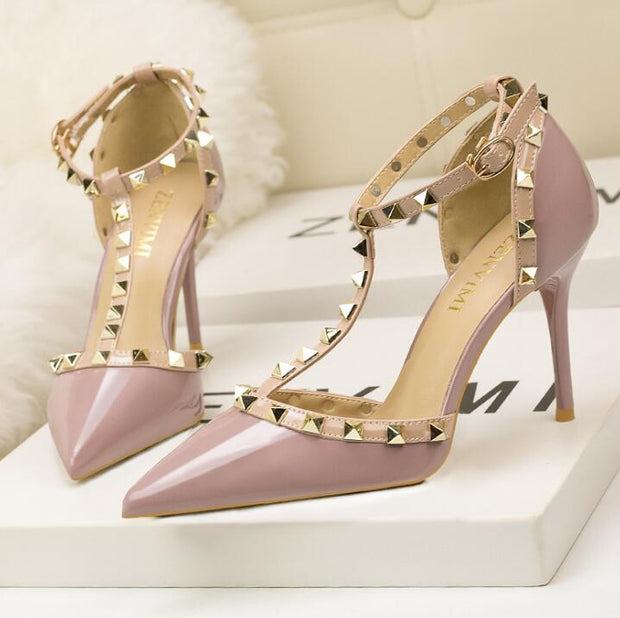 Roman fashion rivet sandals 10CM PUMPS Woman shoes Sexy nightclub stiletto heels patent-leather metallic rivet hollow