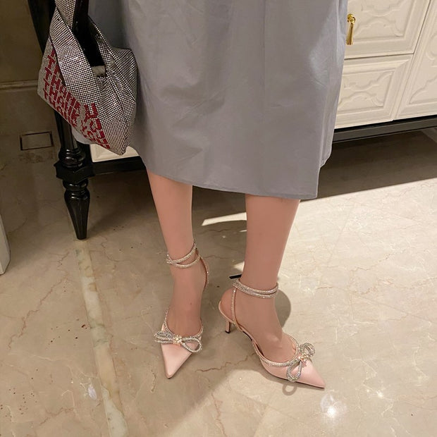 Butterfly-Knot Bling Cross-Tied Crystal Pointed Toe Pumps
