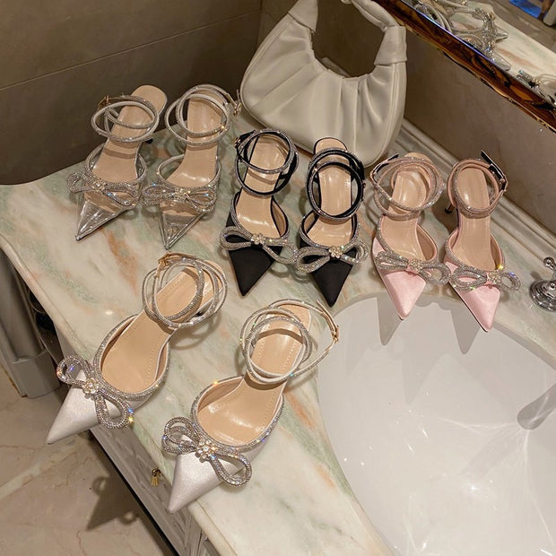 Butterfly-Knot Bling Cross-Tied Crystal Pointed Toe Pumps