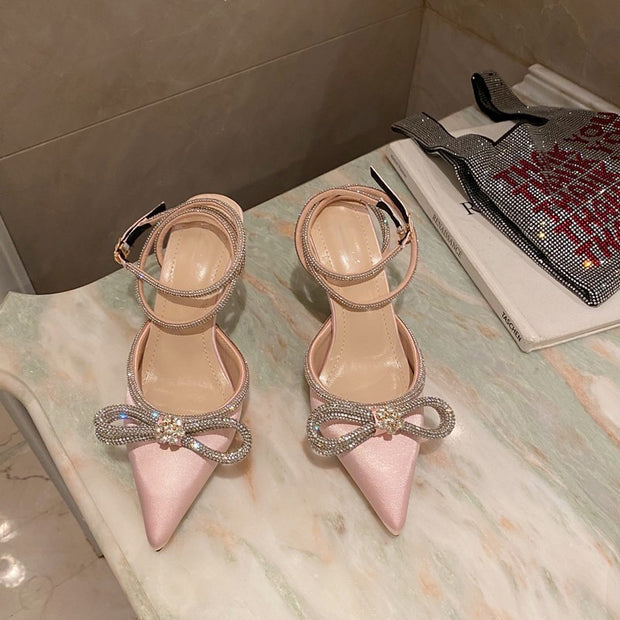 Butterfly-Knot Bling Cross-Tied Crystal Pointed Toe Pumps