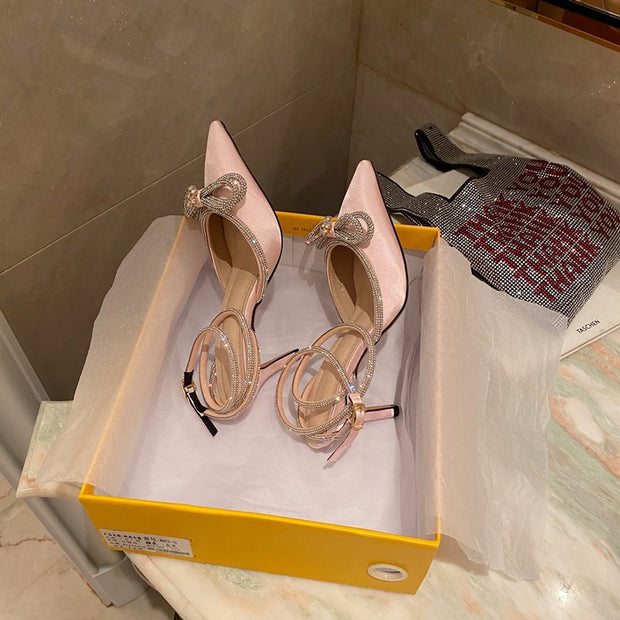 Butterfly-Knot Bling Cross-Tied Crystal Pointed Toe Pumps