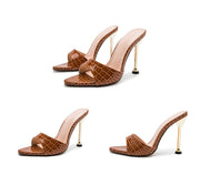 Snake Print Strappy Mule high heels Slippers Sandals flip flops Pointed toe Slides Party shoes Woman