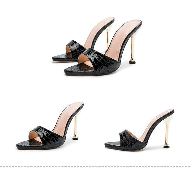 Snake Print Strappy Mule high heels Slippers Sandals flip flops Pointed toe Slides Party shoes Woman