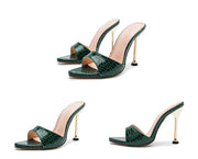 Snake Print Strappy Mule high heels Slippers Sandals flip flops Pointed toe Slides Party shoes Woman