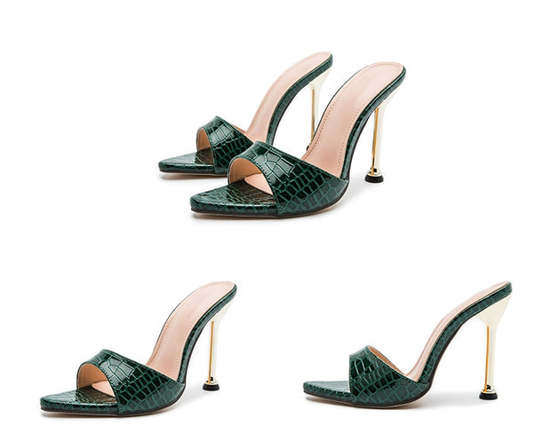 Snake Print Strappy Mule high heels Slippers Sandals flip flops Pointed toe Slides Party shoes Woman
