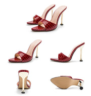 Snake Print Strappy Mule high heels Slippers Sandals flip flops Pointed toe Slides Party shoes Woman
