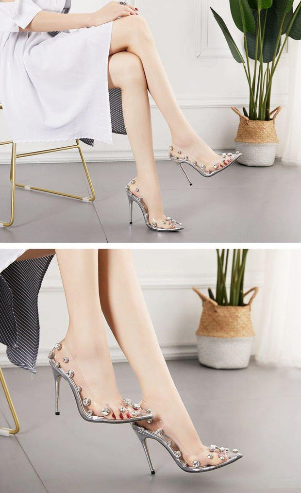 Rivet Crystal Pumps Wedding Women Shoes High Heels PVC Transparent Femme Shoes - Ernadi