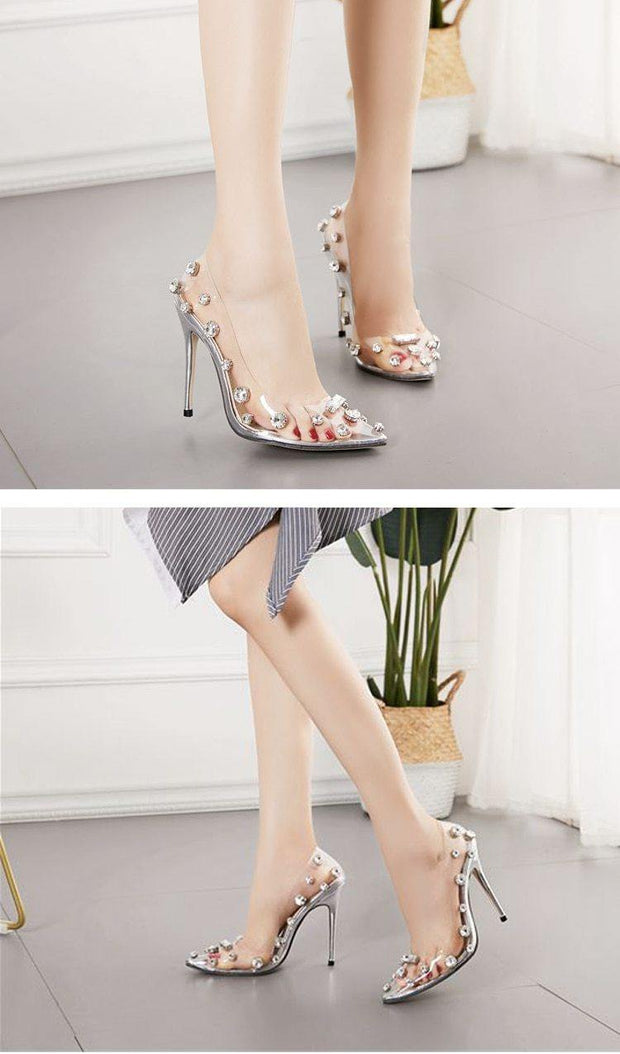 Rivet Crystal Pumps Wedding Women Shoes High Heels PVC Transparent Femme Shoes - Ernadi