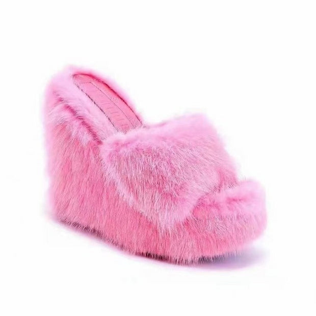 New Fur Slippers Women&#39;s Wedge Heel Shoes Women High-heeled Furry Drag Fashion Outdoor All-match Shoes Slippers Furry Slides