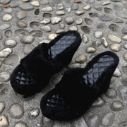 New Fur Slippers Women&#39;s Wedge Heel Shoes Women High-heeled Furry Drag Fashion Outdoor All-match Shoes Slippers Furry Slides