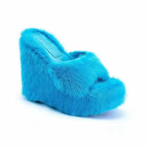 New Fur Slippers Women&#39;s Wedge Heel Shoes Women High-heeled Furry Drag Fashion Outdoor All-match Shoes Slippers Furry Slides