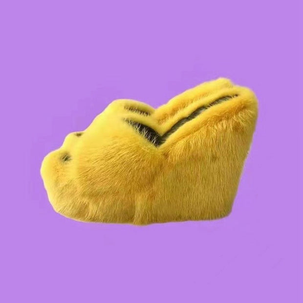 New Fur Slippers Women&#39;s Wedge Heel Shoes Women High-heeled Furry Drag Fashion Outdoor All-match Shoes Slippers Furry Slides