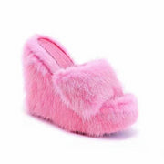 New Fur Slippers Women&#39;s Wedge Heel Shoes Women High-heeled Furry Drag Fashion Outdoor All-match Shoes Slippers Furry Slides